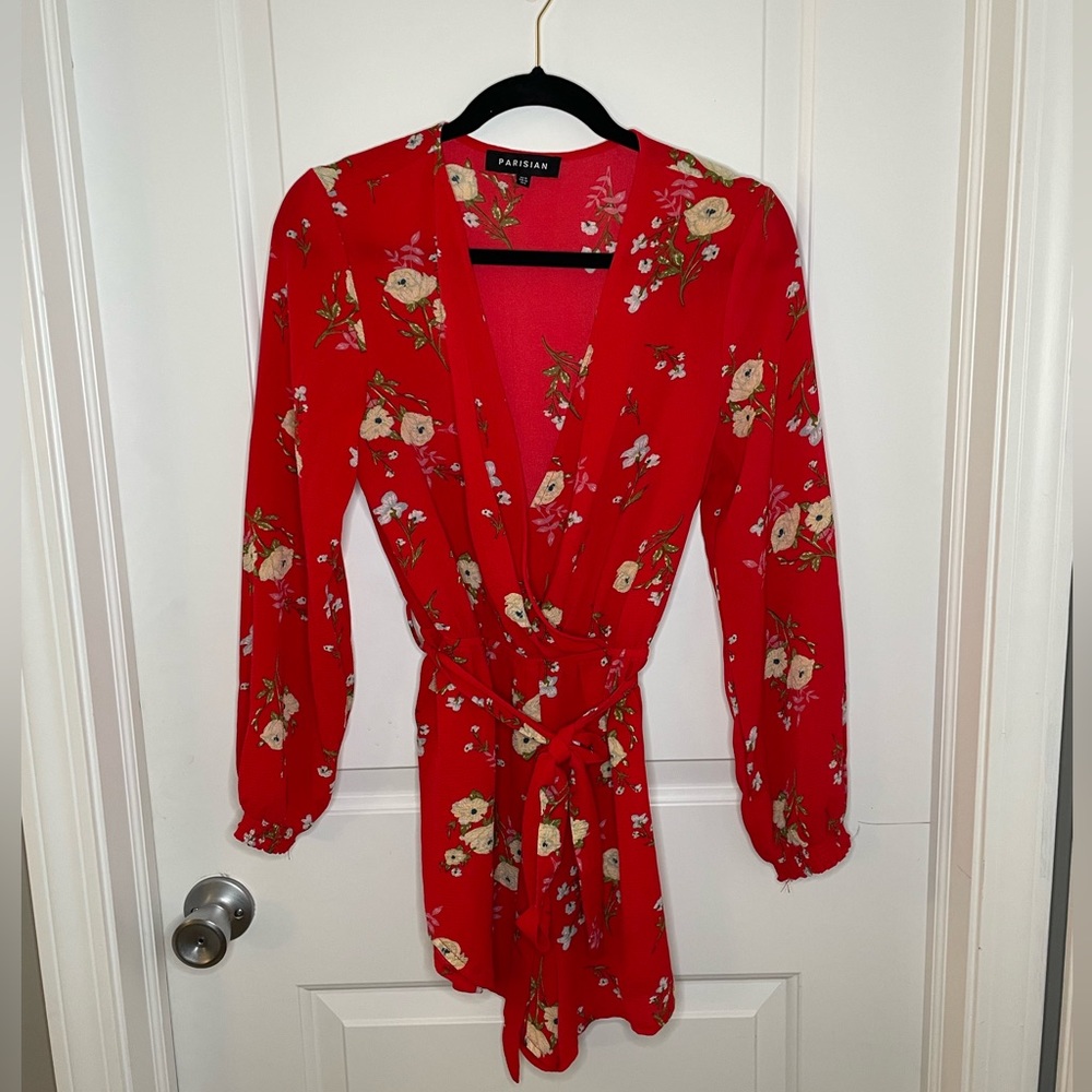 Parisian red floral long sleeve wrap romper. Size 6
